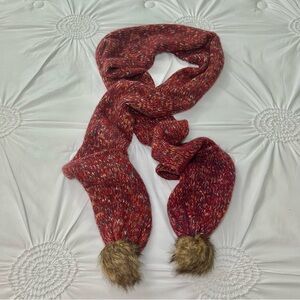 Lucky Brand Red Knit Scarf with Faux Fur Pom Poms & Pockets 8x92 inches